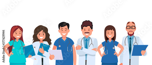 Team doctors on a white background. Medical workers.