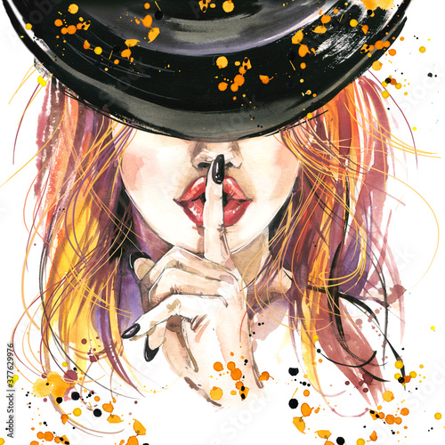 Halloween witch watercolor illustration. Halloween party hand drawn posters  photo