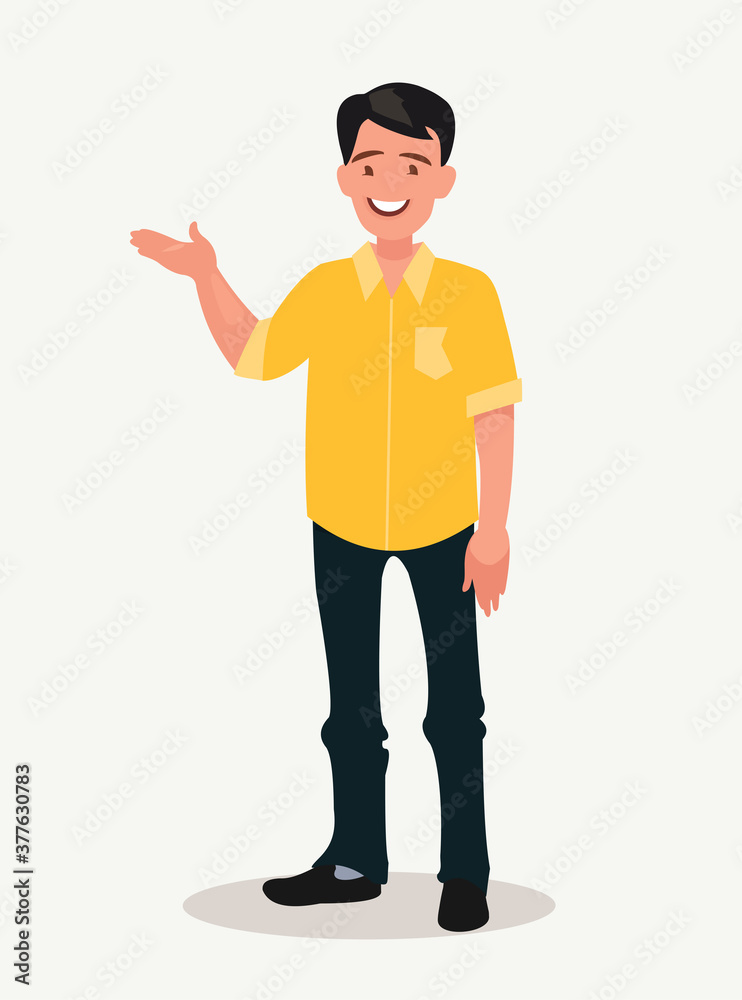 Happy man points out something. Presentation or showing. Element for advertising goods.
