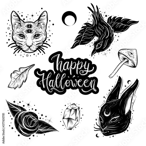 Witchcraft, magic atributes collection. Halloween elements set.