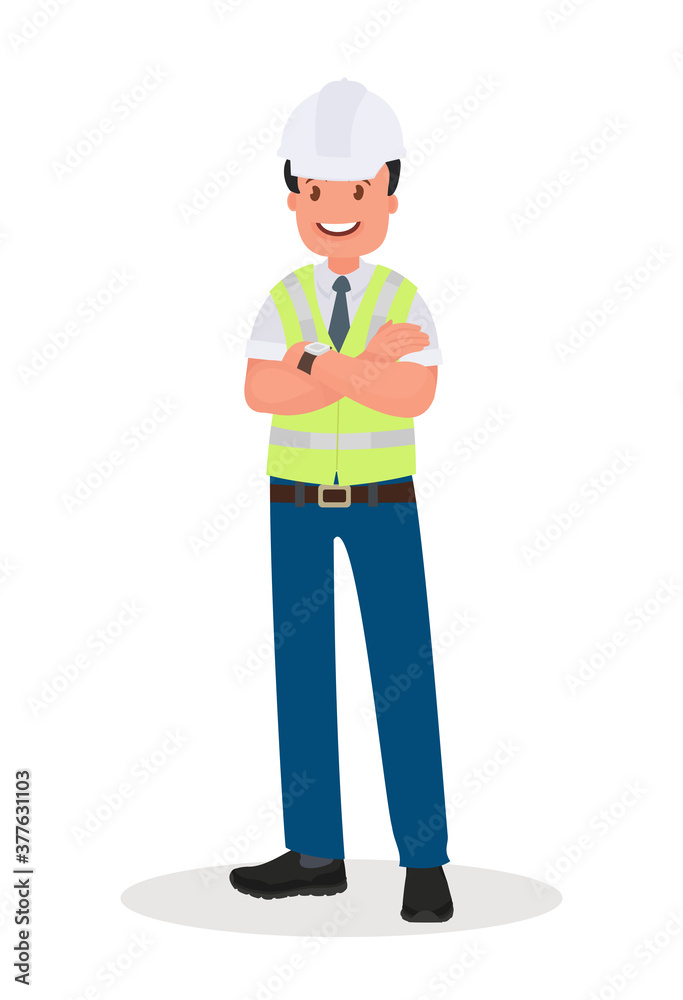 An engineer man wearing a hard hat and a protective vest. Foreman at the construction site. The factory worker, the chief. An engineer man wearing a hard hat and a protective vest. Foreman at the construction site. The factory worker, the chief.