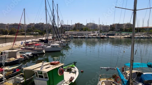 Drone shot over a marina in Thessaloniki, Greece during summer