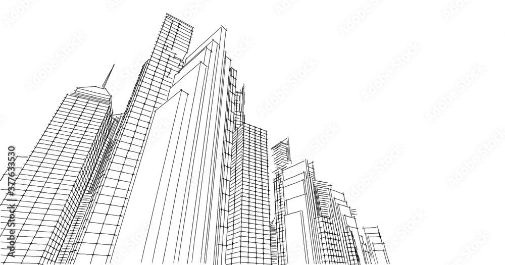 City skyscrapers sketch, architecture 3d illustration.