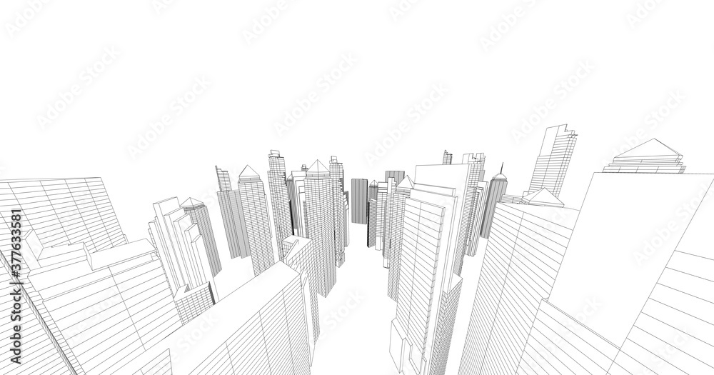 Fototapeta premium City skyscrapers sketch, architecture 3d illustration.