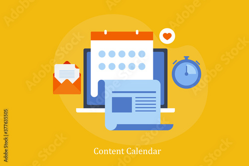 Content calendar, social media managing tool and software application, content publishing , social media post scheduling app for online business. Flat design web banner, digital marketing concept.