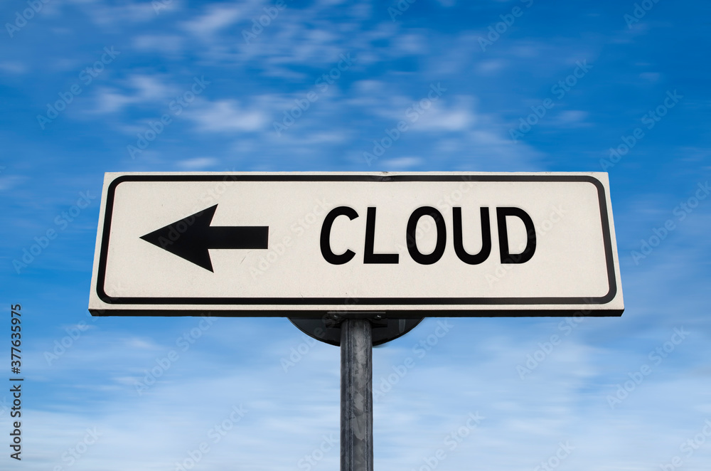 Cloud road sign, arrow on blue sky background. One way blank road sign with copy space. Arrow on a pole pointing in one direction. Cloud road sign, arrow on blue sky background. One way blank road sign with copy space. Arrow on a pole pointing in one direction.