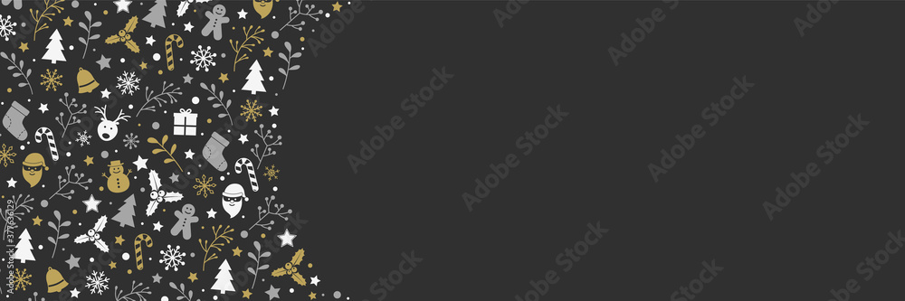 Christmas banner with festive icons and copyspace. Design of Xmas ornament. Vector Christmas banner with festive icons and copyspace. Design of Xmas ornament. Vector