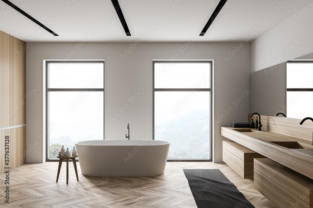 Fototapeta premium White and wooden bathroom, side view