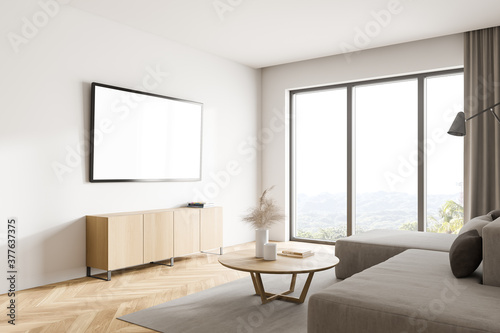 White living room corner with sofa and TV