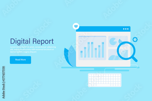 Digital marketing report, web traffic report, social media audit, seo data analysis, marketing kpi metrics , business intelligence and big data concept. Graph, chart on dashboard panel with keyboard.