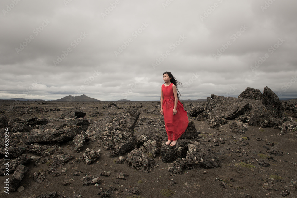Teenage girl in red dress standing on lava rocks in Iceland Teenage girl in red dress standing on lava rocks in Iceland
