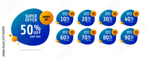 Sale tags set vector badges template, up to 10, 20, 90, 80, 30, 40, 50, 60, 70 percent off, vector illustration. Discount banner for social media. 