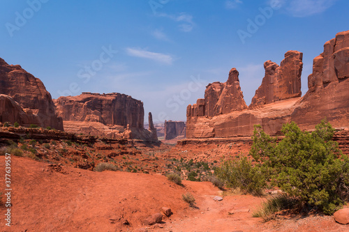 Beautiful sheer and fancy geological formation in Park Avenue, hiking trail in the Arches National Park in Utah