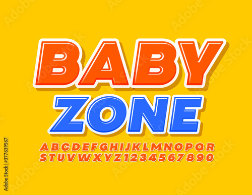 Vector modern emblem Baby Zone. Orange bright Font. Alphabet Letters and Numbers for Kids