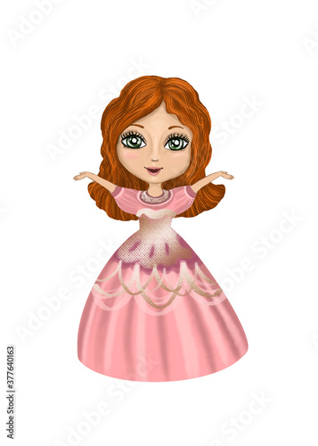 Red hair super cute princess in decorative pink dress. Hand drawn fairy tale little girl. Isolated on white background. Little queen. Nursery room decor  poster. Kids illustration. Cartoon. Clip art