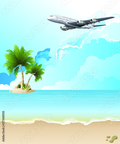 Tropical island beach scene with passenger aircraft flying over set against a blue cloudy sky