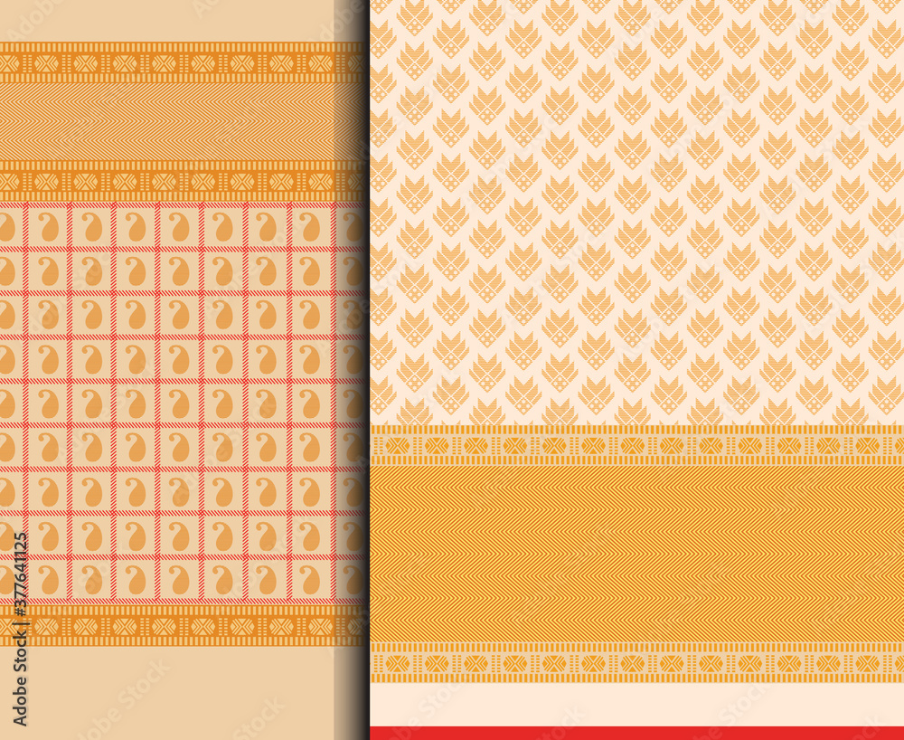 Indian Pattu Sari Vector pattern set. Traditional handmade Indian silk sari /saree with golden details, woman wear on festival, ceremony, and weddings.