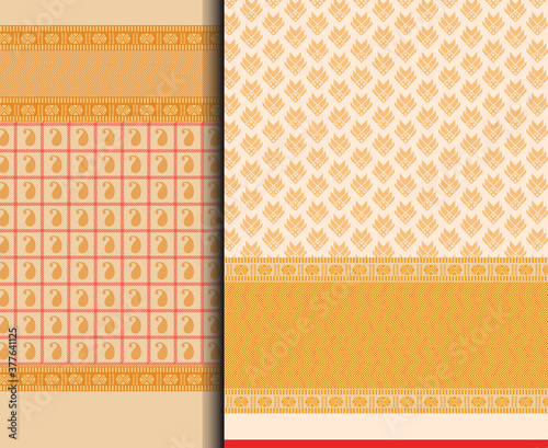 Indian Pattu Sari Vector pattern set. Traditional handmade Indian silk sari /saree with golden details, woman wear on festival, ceremony, and weddings.