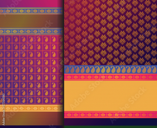 Indian Pattu Sari Vector pattern set. Traditional handmade Indian silk sari /saree with golden details, woman wear on festival, ceremony, and weddings.