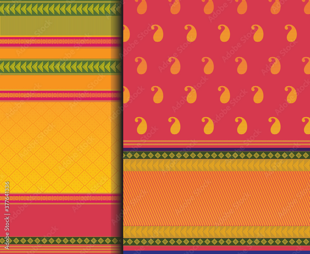 Indian Pattu Sari Vector pattern set. Traditional handmade Indian silk sari /saree with golden details, woman wear on festival, ceremony, and weddings.
