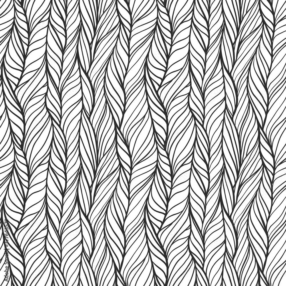 Abstract hand drawn seamless pattern with wavy lines and braids. Vector tile with doodle monochrome ornate with curly stripes, endless knit fabric print