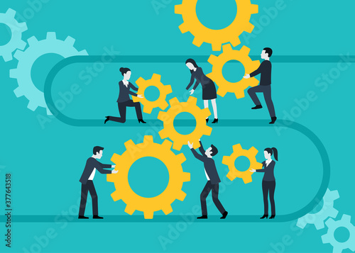 People team with gears - business management and working process conceptual illustration - vector concept