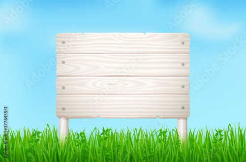 Wooden board on green field or lawn. Vector landscape with grass and signboard from light wood planks. Summer background with timber signpost and blue sky
