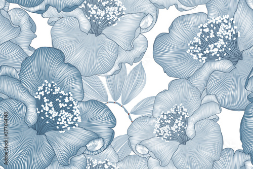 Fotografie, Obraz Seamless  hand drawn floral pattern with camelia flowers