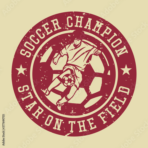 logo design soccer champion star on the field with man playing football vintage illustration