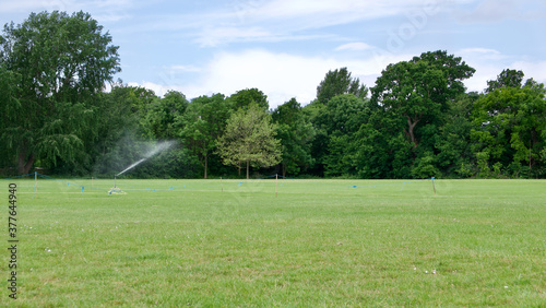Sprinkler sprinkling water on field with trees in background and copyspace