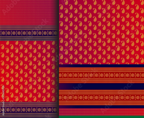 Indian Pattu Sari Vector pattern set. Traditional handmade Indian silk sari /saree with golden details, woman wear on festival, ceremony, and weddings.