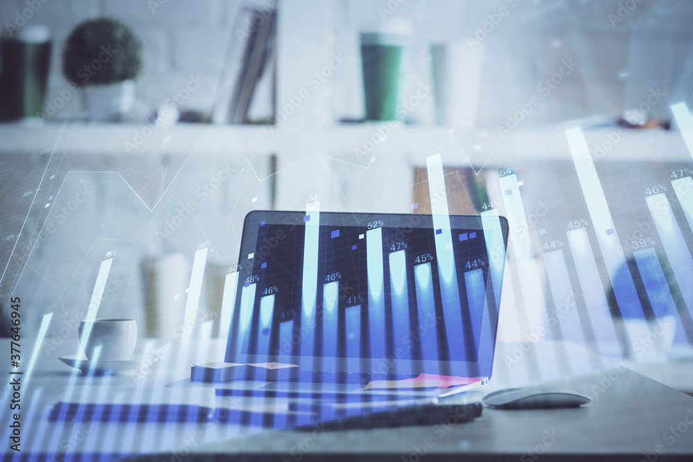 Stock market graph and table with computer background. Double exposure. Concept of financial analysis. Stock market graph and table with computer background. Double exposure. Concept of financial analysis.