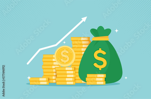 Profit money financial growth concept with golden coin. concept of monetary collection or strategy of profit or benefit making in business to win. cartoon design.