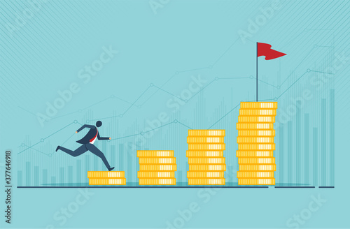 Financial growth concept with golden coin. concept of monetary collection or strategy of profit or benefit making in business to win. cartoon design.