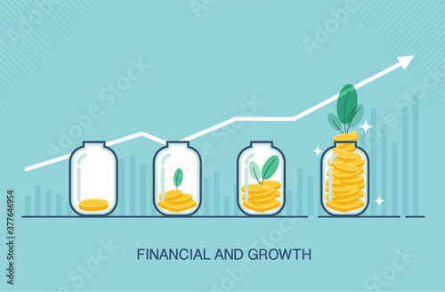 Putting gold coins into glass clear bottle in flat, suitable for Growth Business or Financial investment. cartoon design.