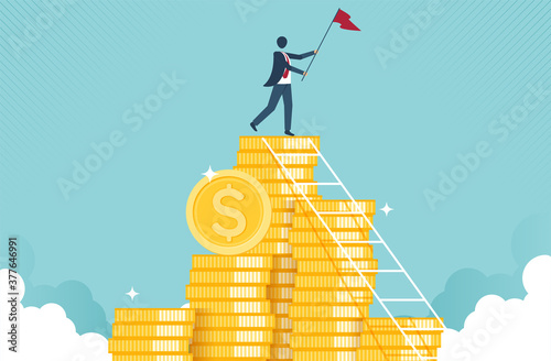 Financial growth concept with golden coin. concept of monetary collection or strategy of profit or benefit making in business to win. cartoon design.