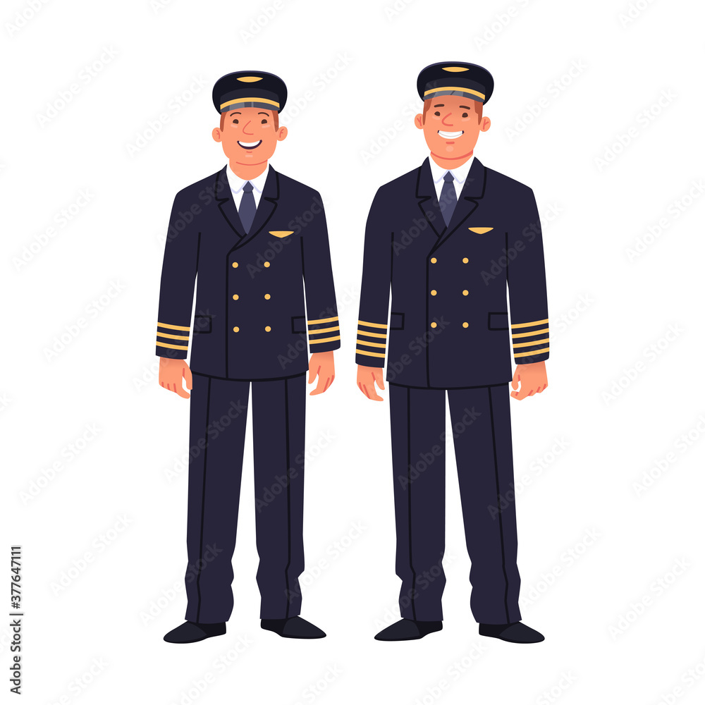 Two pilots of a passenger plane are wearing uniforms. Ship captain and co-pilot, airline employees on a white background Two pilots of a passenger plane are wearing uniforms. Ship captain and co-pilot, airline employees on a white background