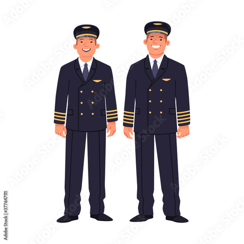 Two pilots of a passenger plane are wearing uniforms. Ship captain and co-pilot, airline employees on a white background