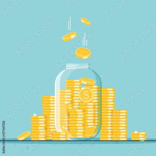 Glass money jar full of gold coins. Growth, income, savings, investment. Symbol of wealth. Business success. cartoon design.