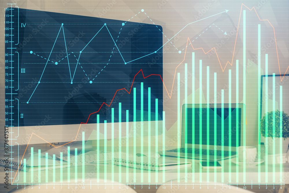Double exposure of forex chart and work space with computer. Concept of international online trading. Double exposure of forex chart and work space with computer. Concept of international online trading.