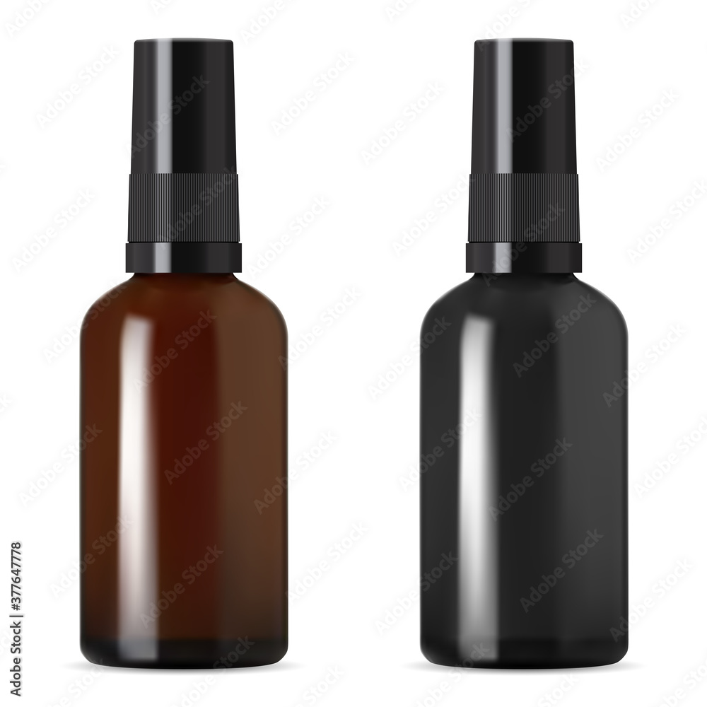 Black and brown cosmetic bottle with dropper. Serum eyedropper vial mock up for essential oil or aging collagen. Natural eye treatment packaging with pipette. Clear amber glass pot Black and brown cosmetic bottle with dropper. Serum eyedropper vial mock up for essential oil or aging collagen. Natural eye treatment packaging with pipette. Clear amber glass pot
