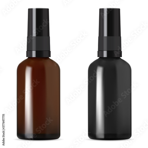 Black and brown cosmetic bottle with dropper. Serum eyedropper vial mock up for essential oil or aging collagen. Natural eye treatment packaging with pipette. Clear amber glass pot