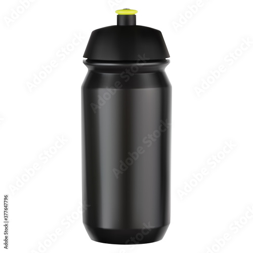 Sport water bottle. Bicycle equipment black plastic blank. Reusable bike cycle vessel for tourism, adventure and gym workout on white background