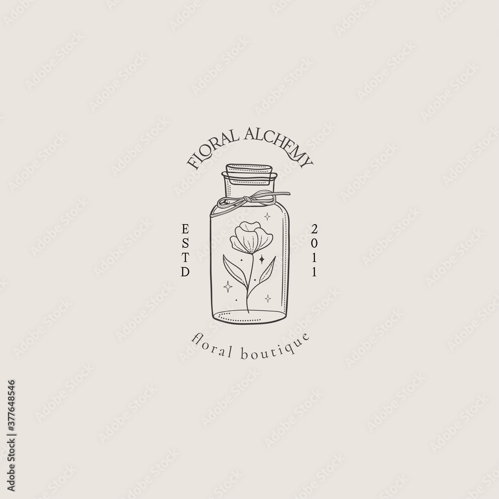 abstract hand drawn flower logo with stars in decorative jar frame. icon, vector illustration in trendy line linear art style. Branding. Floral Boutique, Fashion, Feminine, Art, Spiritual abstract hand drawn flower logo with stars in decorative jar frame. icon, vector illustration in trendy line linear art style. Branding. Floral Boutique, Fashion, Feminine, Art, Spiritual