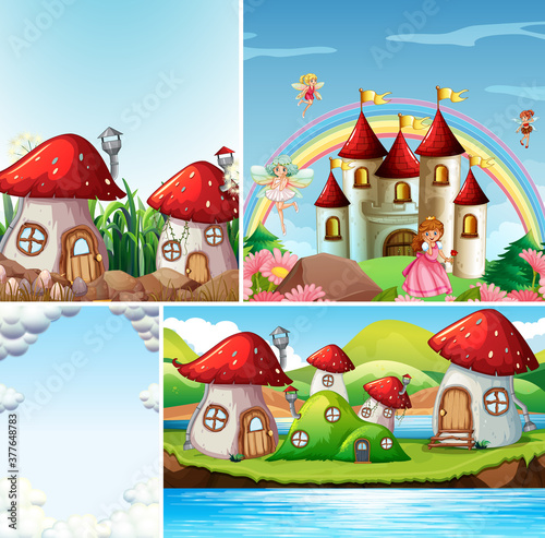 Four different scene of fantasy world with fantasy places such as mushroom vi...