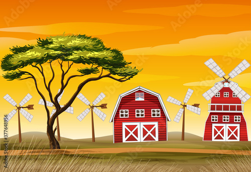 Farm scene in nature with barn and windmill