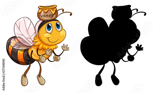Set of insect cartoon character and its silhouette on white background