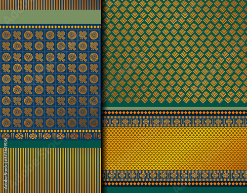 Indian Pattu Sari Vector pattern set. Traditional handmade Indian silk sari /saree with golden details, woman wear on festival, ceremony, and weddings.