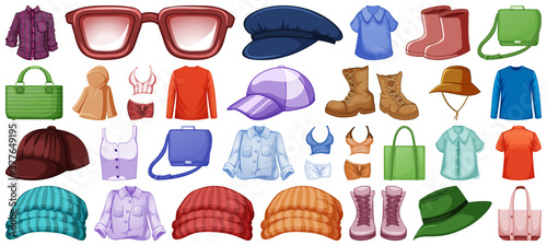 Set of fashion outfits and accessories on white background