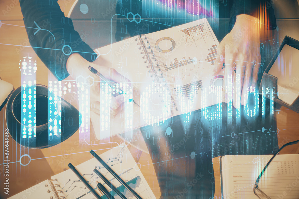 Multi exposure of woman's writing hand on background with data technology hud. Big data concept. Multi exposure of woman's writing hand on background with data technology hud. Big data concept.